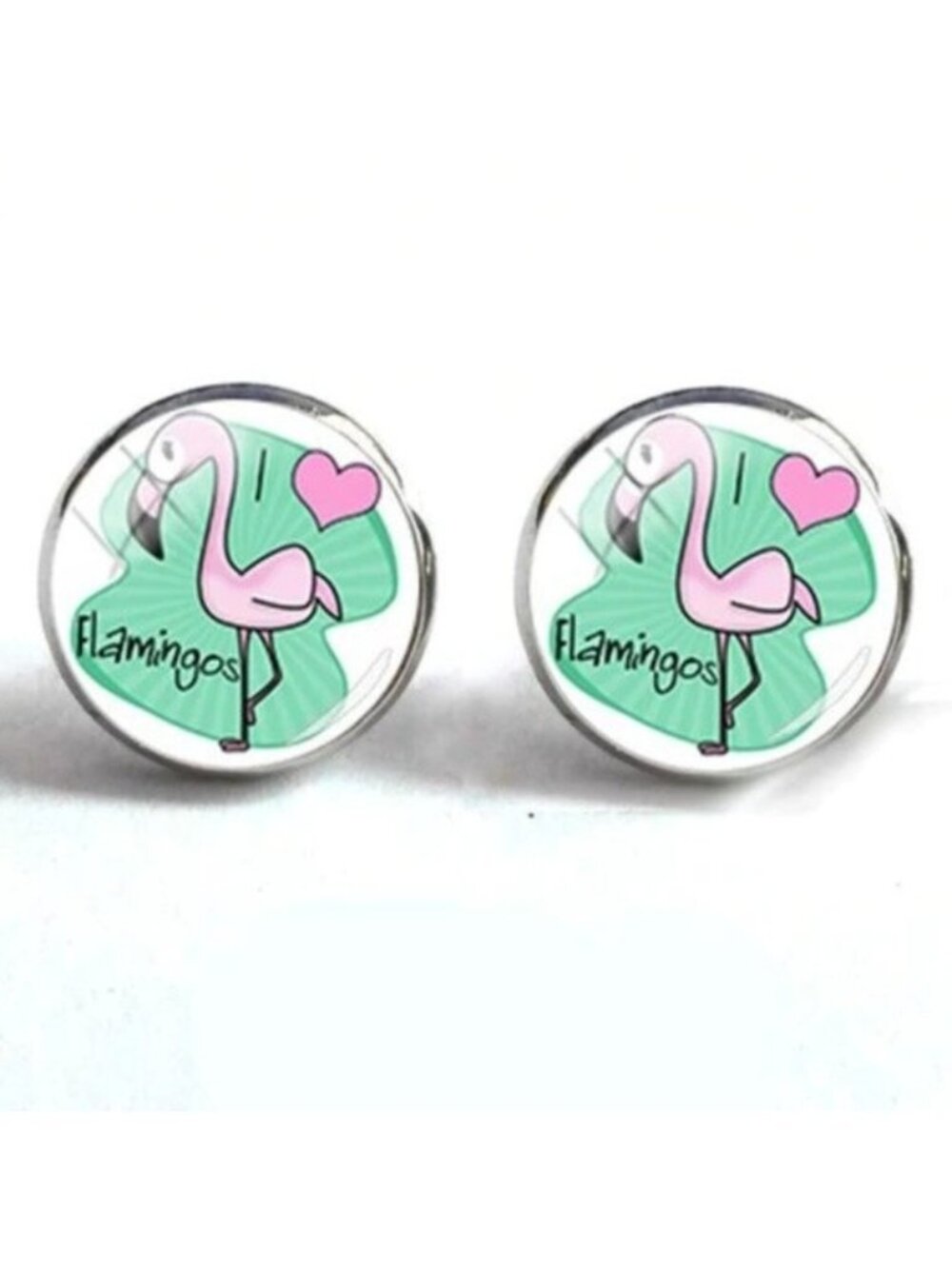 I Love Flamingos Green Pink Cute Summer Round Silver Small Stud Earrings